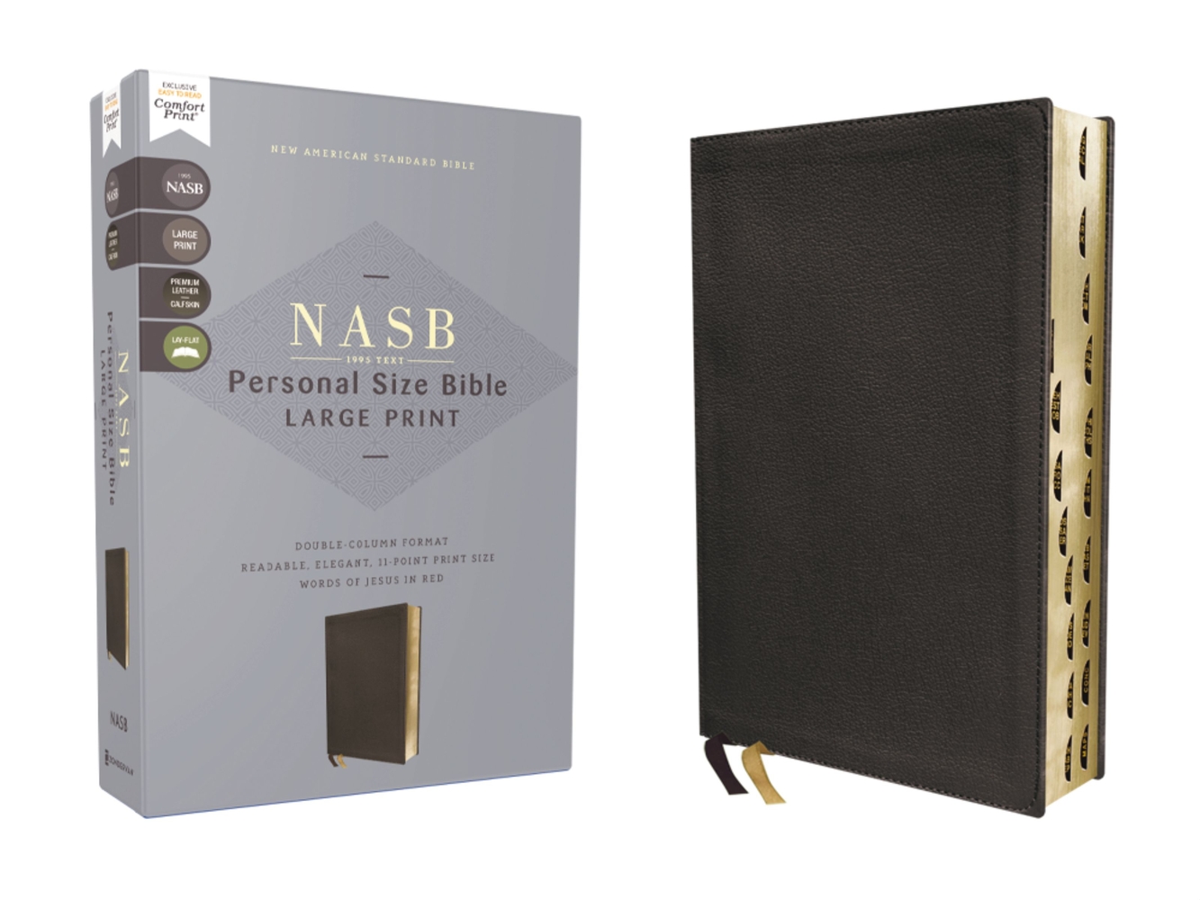 Nasb, Personal Size Bible, Large Print, Genuine Leather, Calfskin, Black, Red Letter, 1995 Text, Thumb Indexed, Comfort Print cover