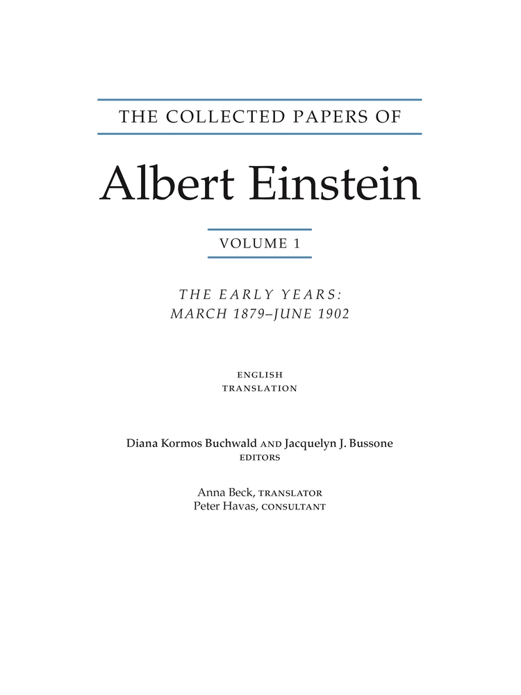 The Collected Papers of Albert Einstein, Volume 1 (Translation Supplement): The Early Years, March 1879-June 1902 cover