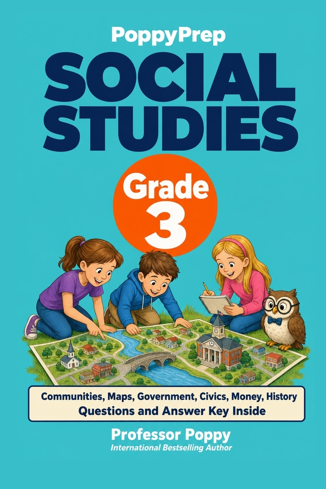 PoppyPrep Social Studies for Grade 3: 30 Short Reads on Communities, Maps, Civics, Money, and History with Questions and Answer Key for Kids Ages 8-9 cover