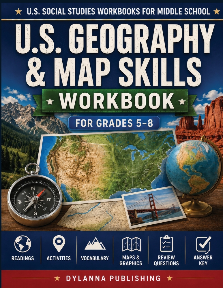 U.S. Geography & Map Skills Workbook for Grades 5-8: Maps, Readings, Activities, Vocabulary, Review Questions, and Answer Key cover