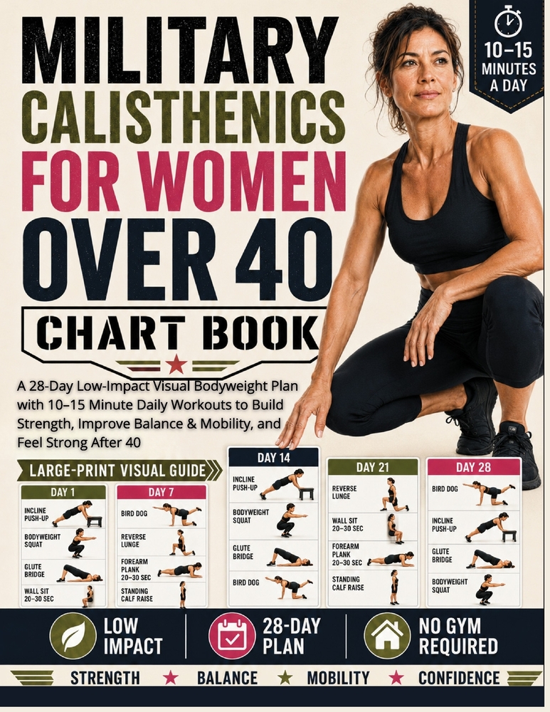 Military Calisthenics for Women Over 40 Chart Book: A 28-Day Low-Impact Visual Bodyweight Plan with 10-15 Minute Daily Workouts to Build Strength, Imp cover