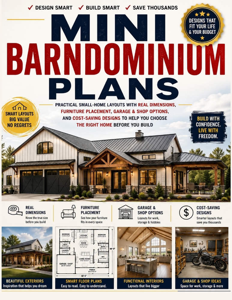 Mini Barndominium Plans: Practical Small-Home Layouts with Real Dimensions, Furniture Placement, Garage & Shop Options, and Cost-Saving Designs to Hel cover