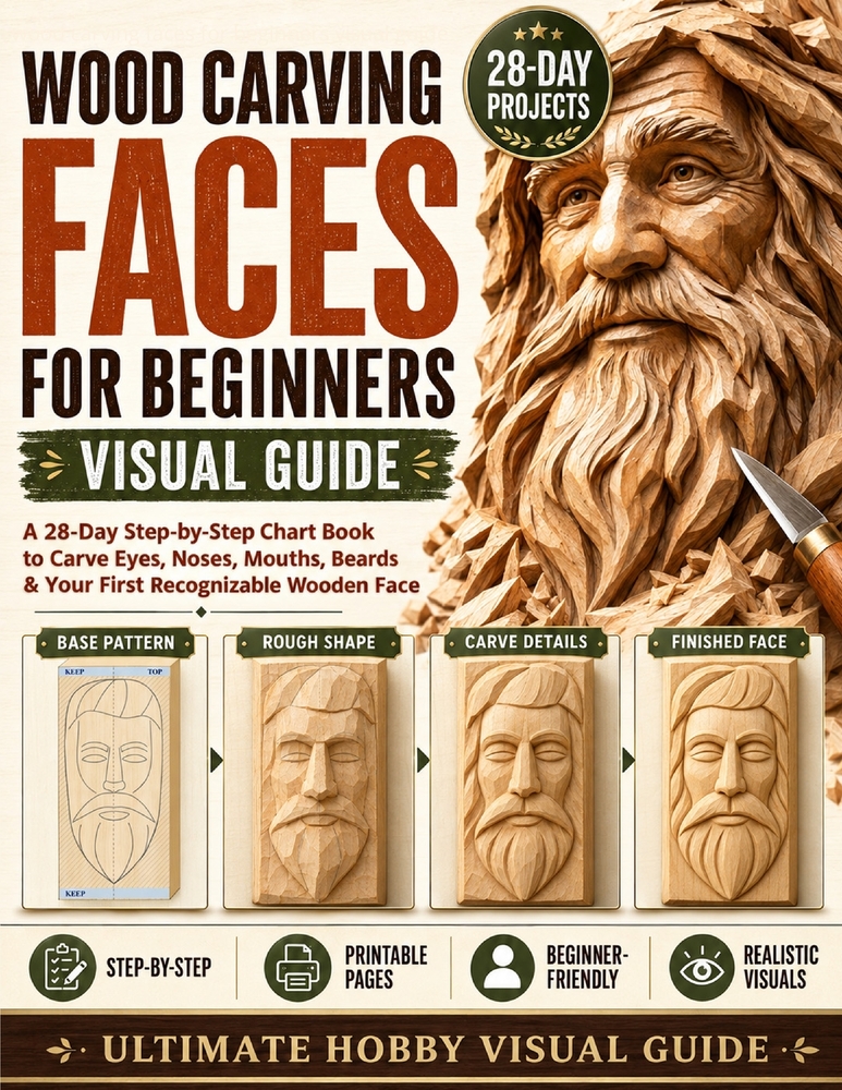 Wood Carving Faces for Beginners Visual Guide: A 28-Day Step-by-Step Chart Book to Carve Eyes, Noses, Mouths, Beards & Your First Recognizable Wooden cover