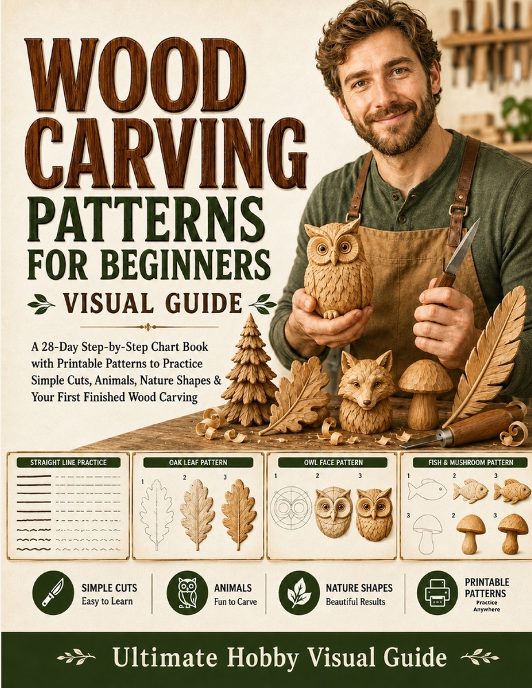 Wood Carving Patterns for Beginners Visual Guide: A 28-Day Step-by-Step Chart Book with Printable Patterns to Practice Simple Cuts, Animals, Nature Sh cover
