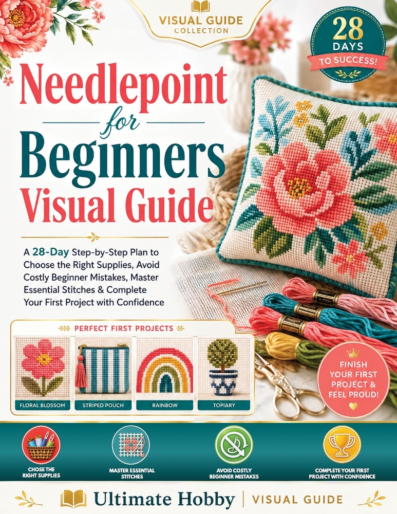 Needlepoint for Beginners Visual Guide: A 28-Day Step-by-Step Plan to Choose the Right Supplies, Avoid Costly Beginner Mistakes, Master Essential Stit cover