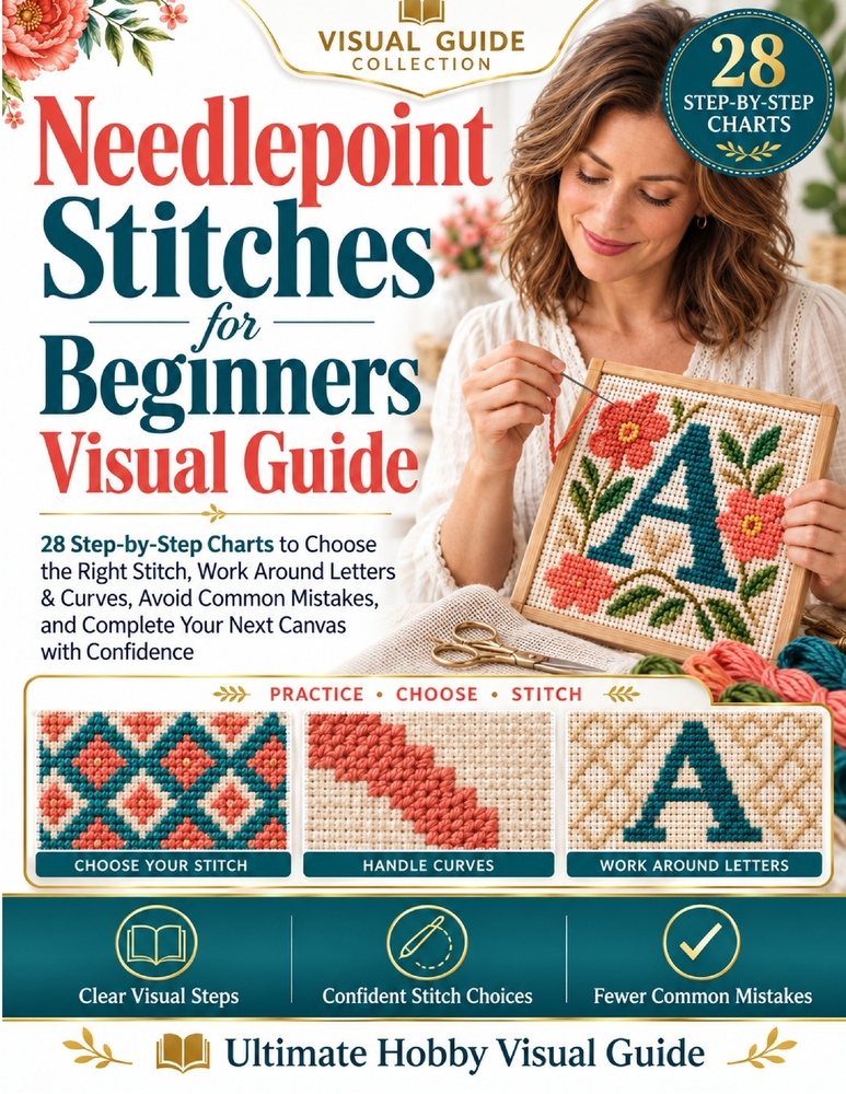 Needlepoint Stitches for Beginners Visual Guide: 28 Step-by-Step Charts to Choose the Right Stitch, Work Around Letters & Curves, Avoid Common Mistake cover
