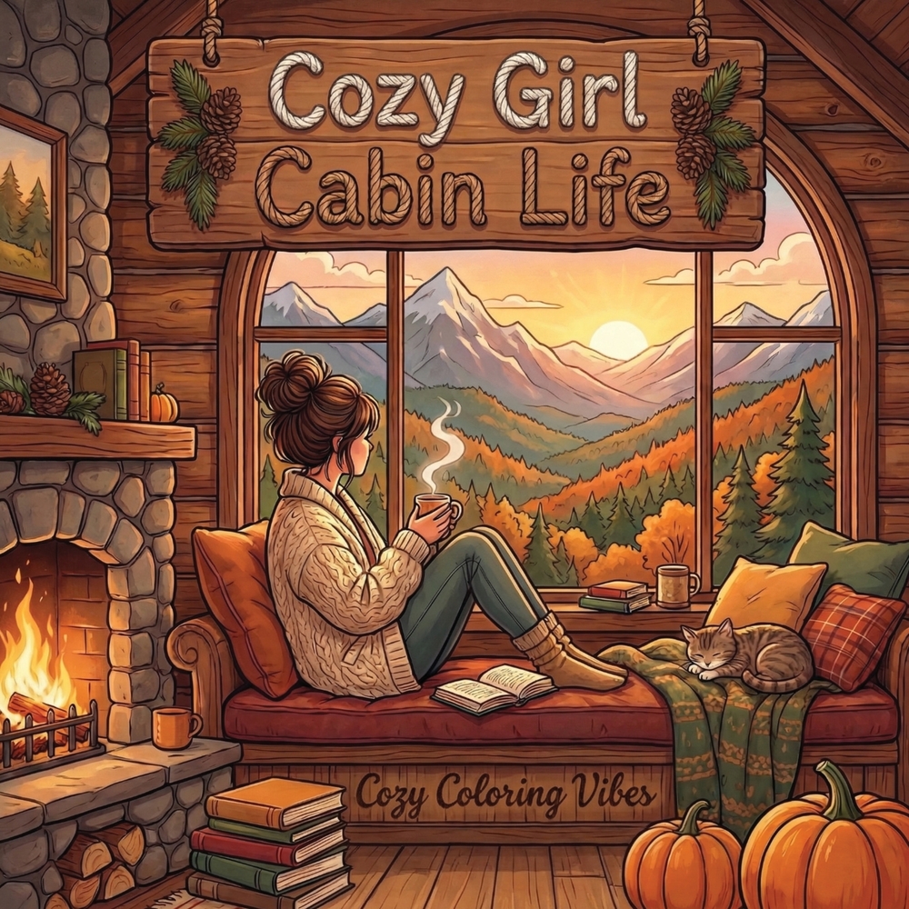 Cozy Girl Cabin Life: Hygge Inspired Coloring Book for Adults & Teens Easy Bold Line Designs of Mountain Retreats, Fireside Cabins, Warm Textiles & Fo cover