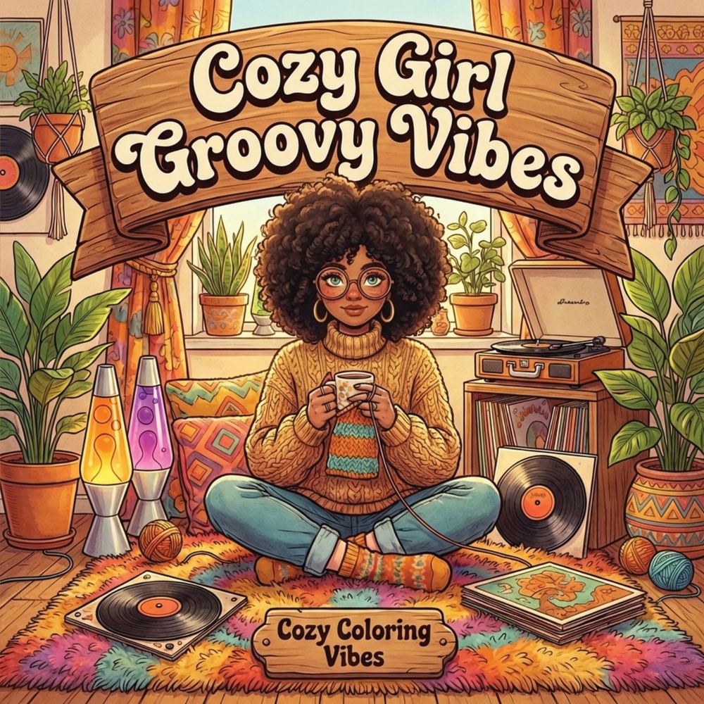 Cozy Girl Groovy Vibes: Cute & Fun Retro Aesthetic Hygge Coloring Book for Adults & Teens Easy Bold Line Designs of Funky Outfits, Vintage Rooms, Musi cover