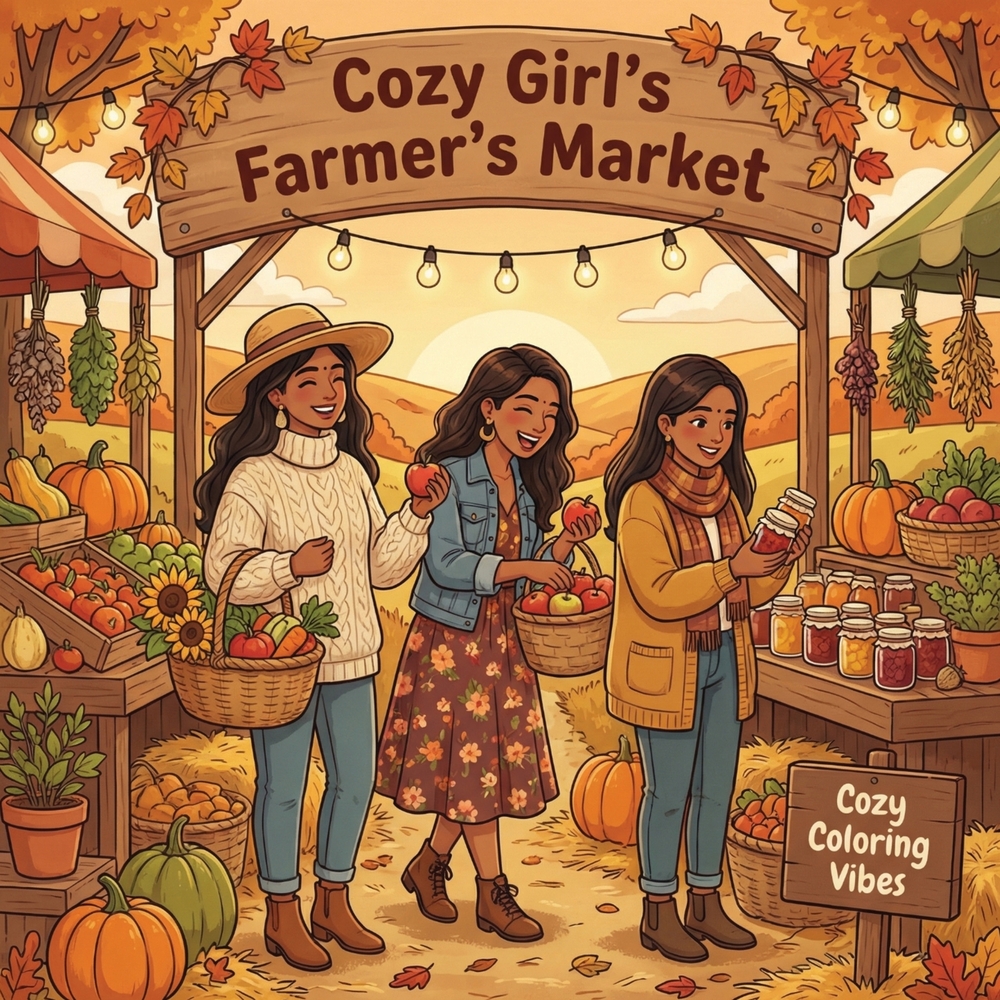 Cozy Girl's Farmer's Market: Fun & Cute Coloring Book for Adults & Teens Easy Bold Line Vintage Designs of Fresh Produce, Flower Stalls, Baskets, Loca cover