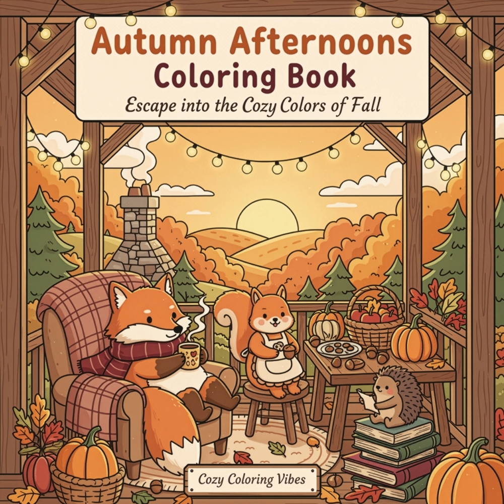 Autumn Afternoons Coloring Book: Escape into the Cozy Colors of Fall Fun Adorable Woodland Animal Scenes, Pumpkin Patch Moments, Rustic Cabin Retreats cover