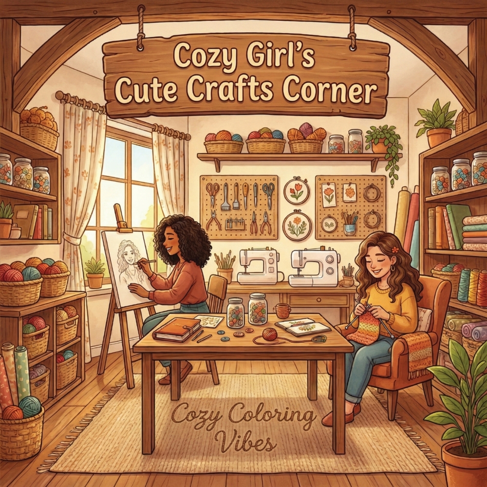 Cozy Girl's Cute Crafts Corner: Hygge Inspired Coloring Book for Adults & Teens Fun Easy Bold Line Designs of Art Studios, DIY Projects, Knitting, Sew cover