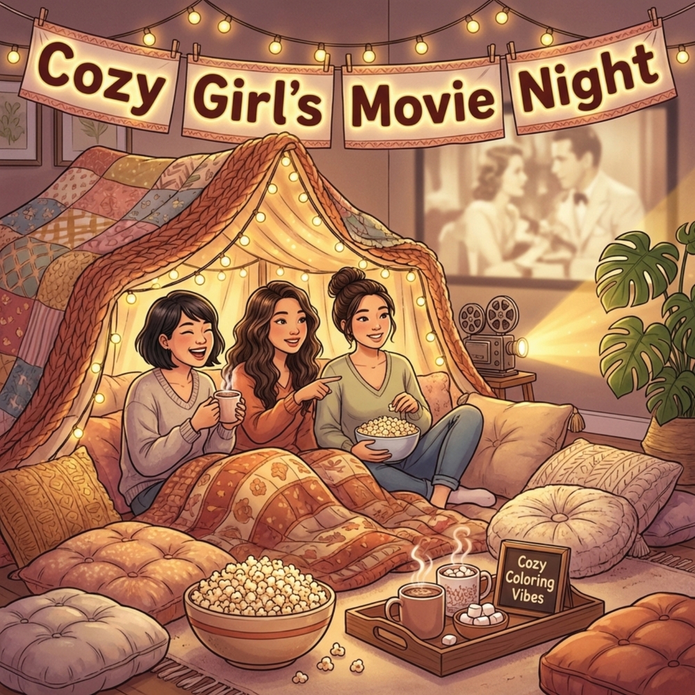 Cozy Girl's Movie Night: Nostalgic & Fun Coloring Book Easy Bold Line Designs of Cute Popcorn Bowls, Vintage Cinema Snacks, Pajama Parties & Late-Nigh cover