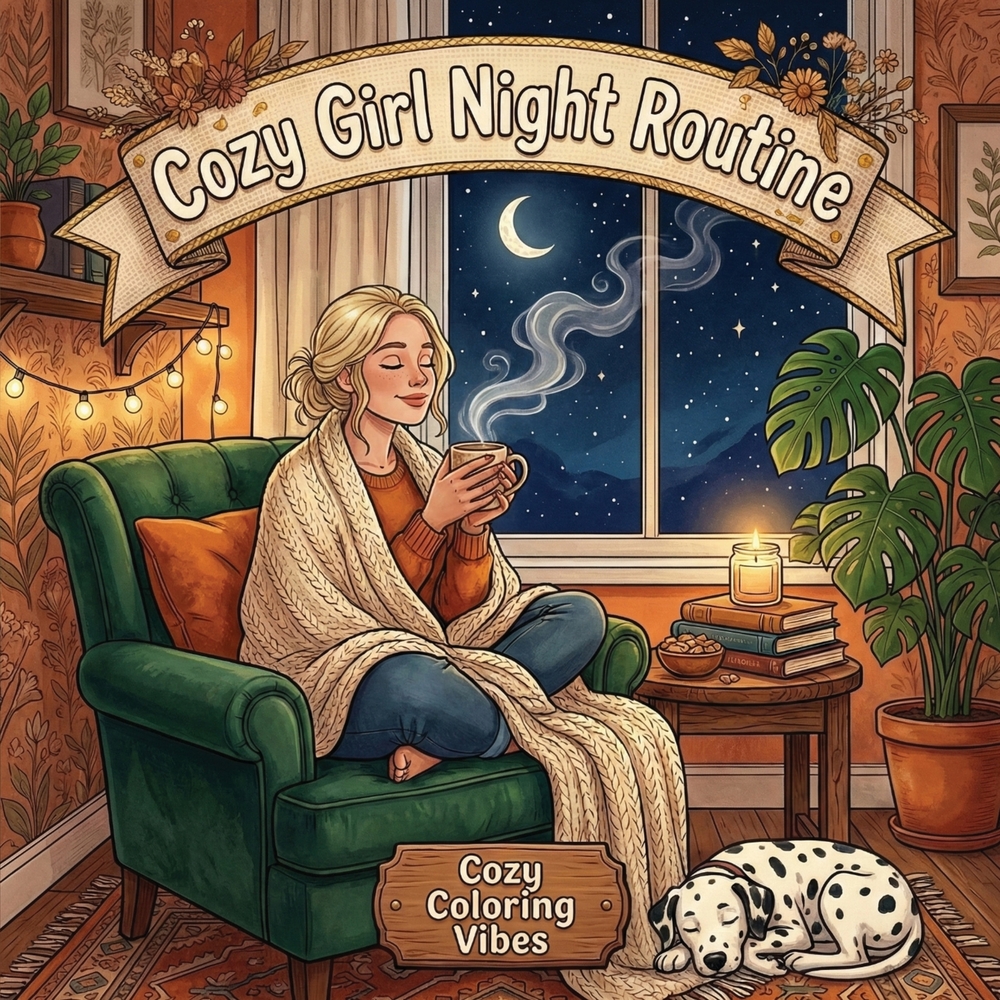 Cozy Girl Night Routine: Easy Bold Line Art Coloring Book Relaxing Nighttime Self-Care Rituals, Bedtime Wind-Down Routines & Cozy Home Comfort Scenes cover