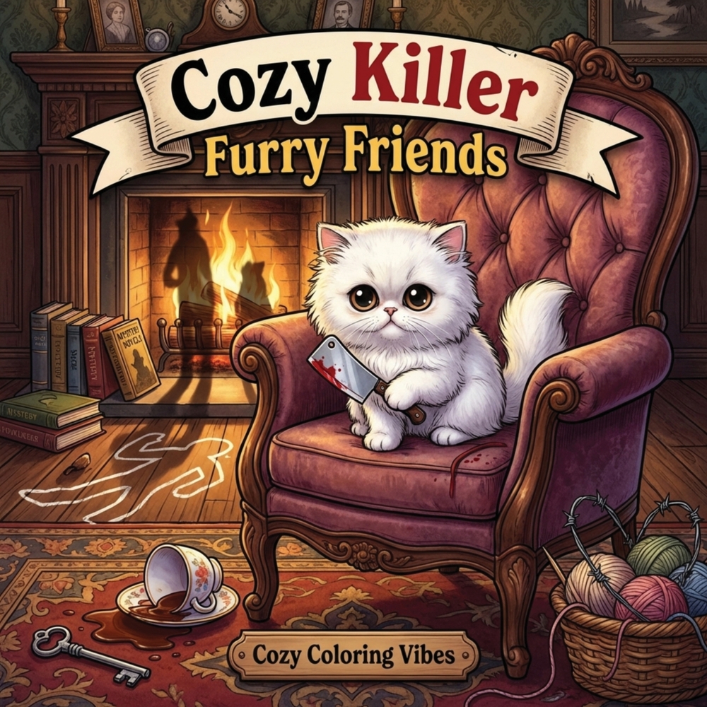 Cozy Killer Furry Friends: Easy Bold Line Coloring Book for Adults Whimsical Spooky Animal Mystery Scenes, Dark Cute Parody, Playful Crime Aesthetic & cover