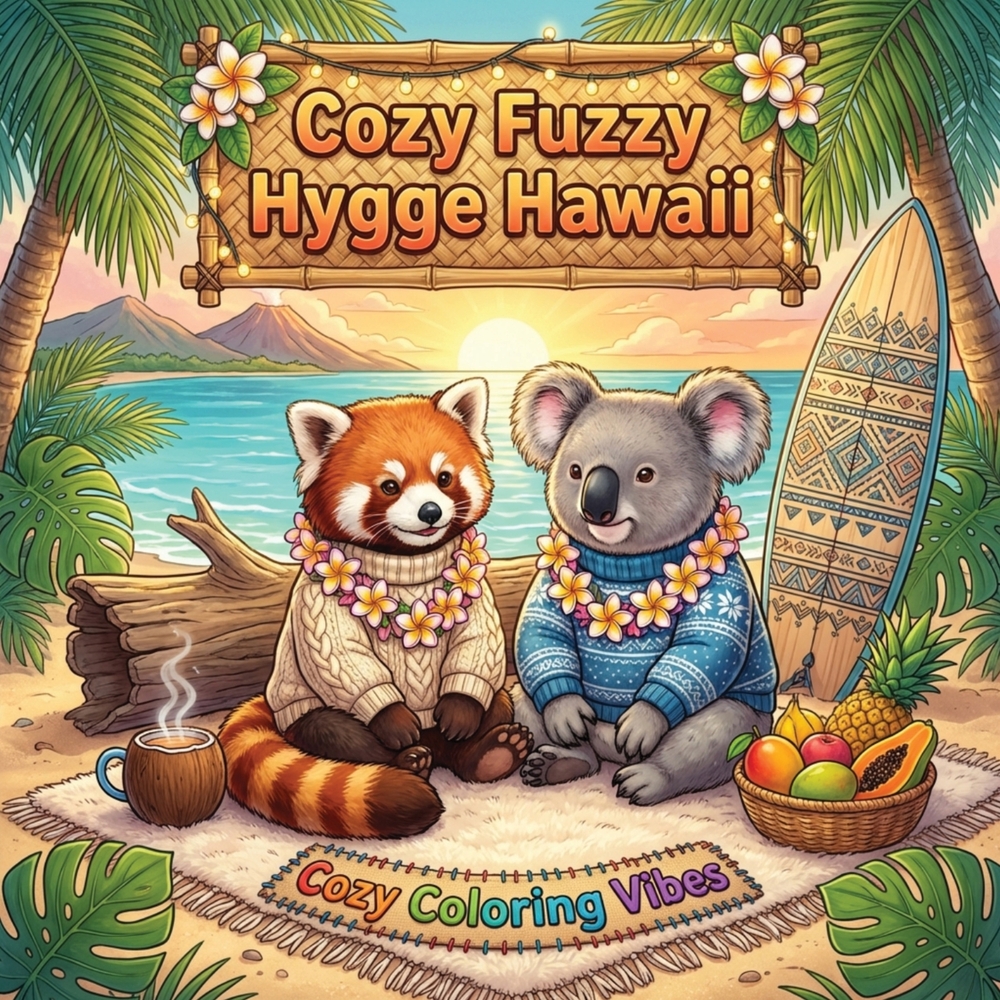 Cozy Fuzzy Hygge Hawaii: Easy Bold Line Coloring Book Tropical Island Serenity, Luau Nights, Palm Tree Breezes, Beach Bungalows & Plush Animal Paradis cover