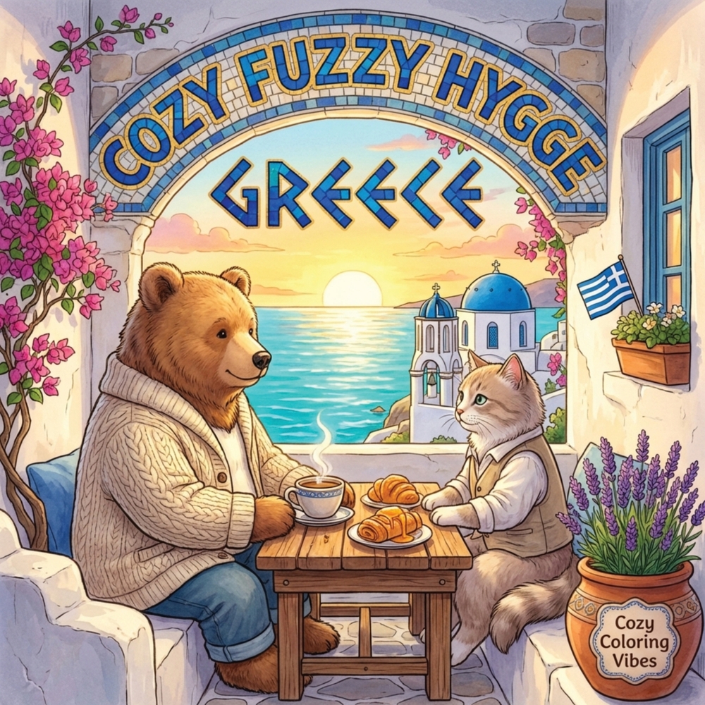 Cozy Fuzzy Hygge Greece: Fun Easy Bold Line Designs Travel Coloring Book for Adults Santorini Sunsets, Villages, Island Cafés & Cute Animals Meditatio cover