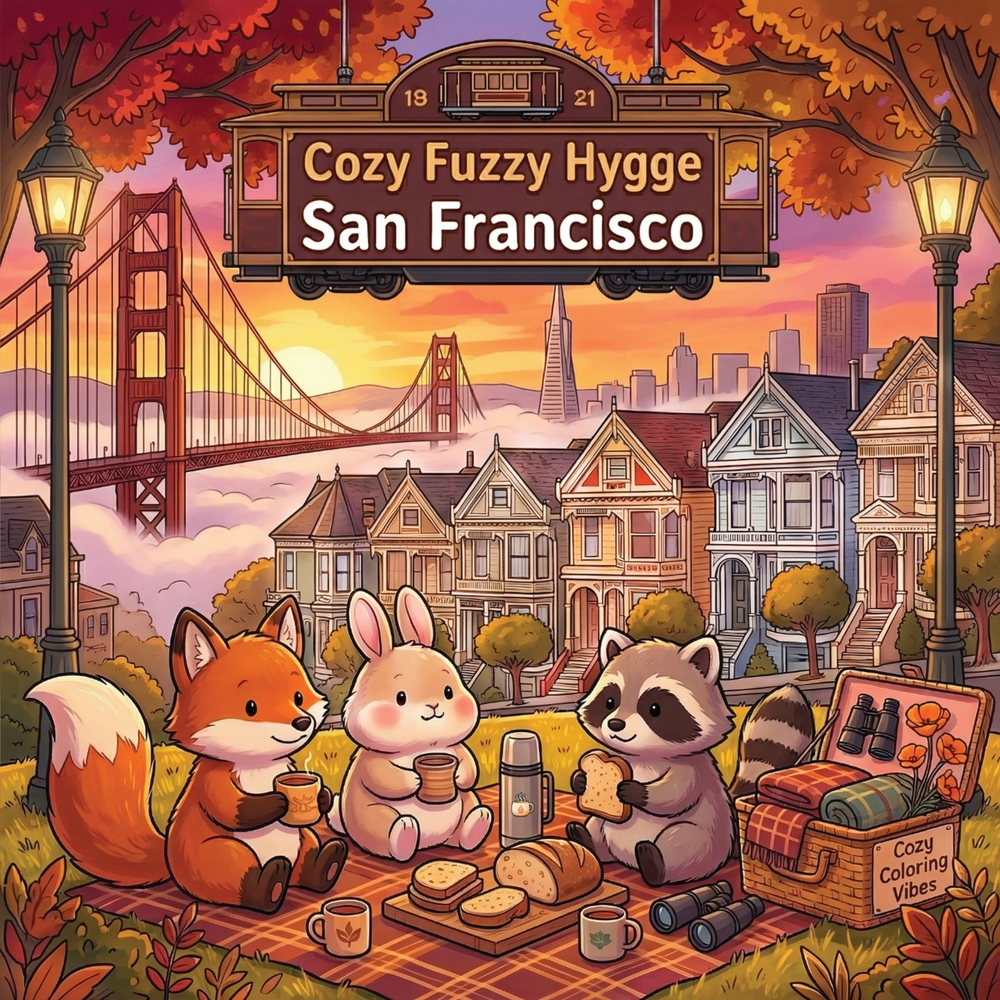 Cozy Fuzzy Hygge San Francisco: Easy Bold Line Design Adult Animal Activity Coloring Book Aesthetic Comfy California Vintage & Nostalgic Travel Vacati cover