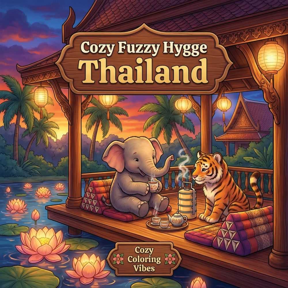 Cozy Fuzzy Hygge Thailand: Easy Bold Line Designs Coloring Book for Adults Markets, Temples, Tropical Beaches & Cute Animal Travel Adventures Creative cover