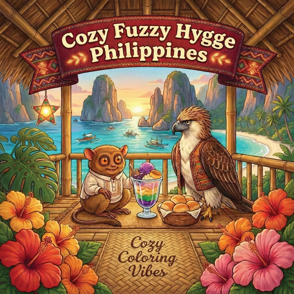 Cozy Fuzzy Hygge Philippines: Bold and Easy Line Adorable Animal Art Design Coloring Book Tropical Island Retreats, Exotic Wildlife Scenes, Relaxing V cover
