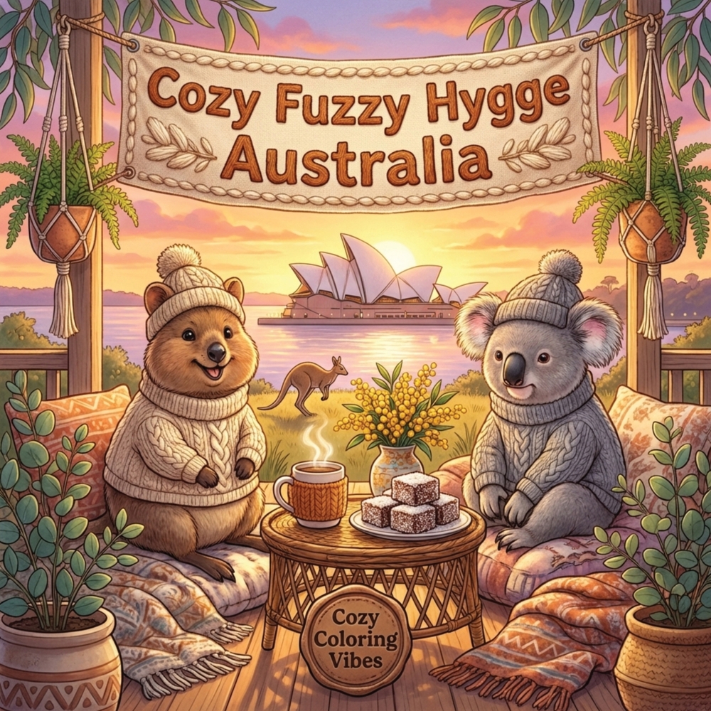 Cozy Fuzzy Hygge Australia: Easy Bold Line Design Adorable Animal Coloring Book for Adults Coastal & Outback, Wildlife Wonders & Relaxing Travel Scene cover