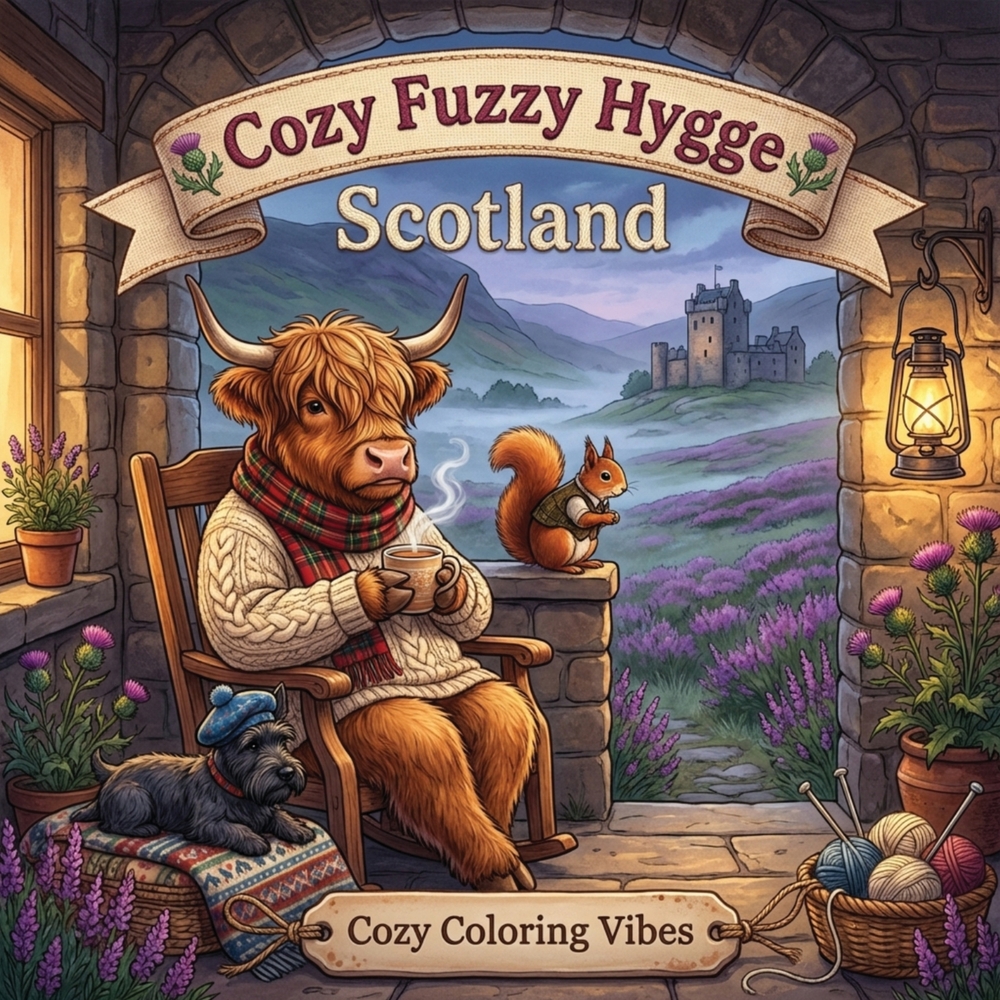Cozy Fuzzy Hygge Scotland: Easy Bold Line Design Adorable Animal Coloring Book for Adults Rustic Highland Travel Retreats, Countryside, Misty Mountain cover