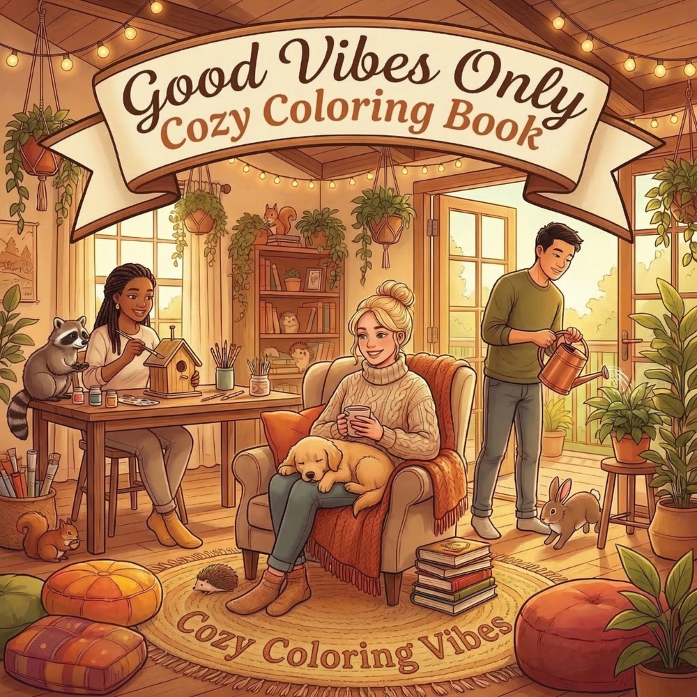 Good Vibes Only Cozy Coloring Book: Simple Bold Line Design Adult Coloring Book Cute Animals, Morning Rituals, Peaceful & Comforting Homebody Scenes C cover