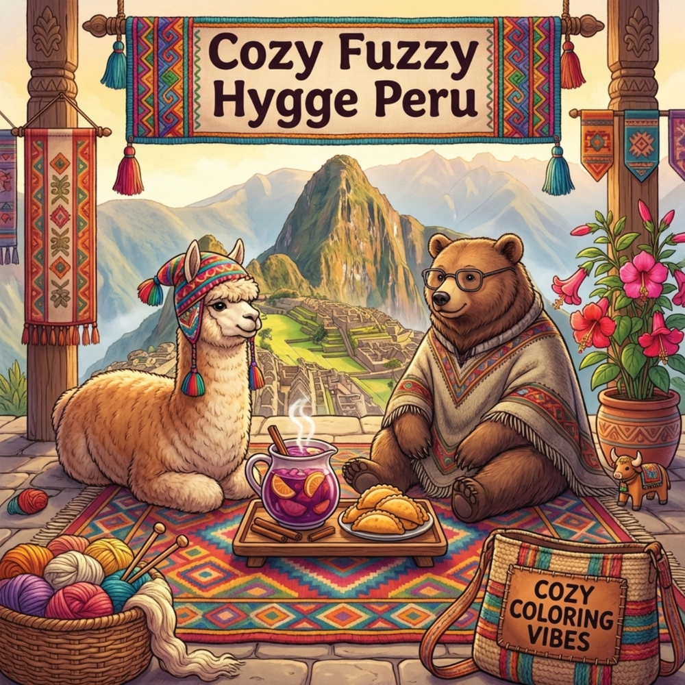 Cozy Fuzzy Hygge Peru: Bold & Easy Line Art Design Coloring Book Relaxing Retreats, South American Cultural Scenes, Cute Animal Travel Adventures Crea cover