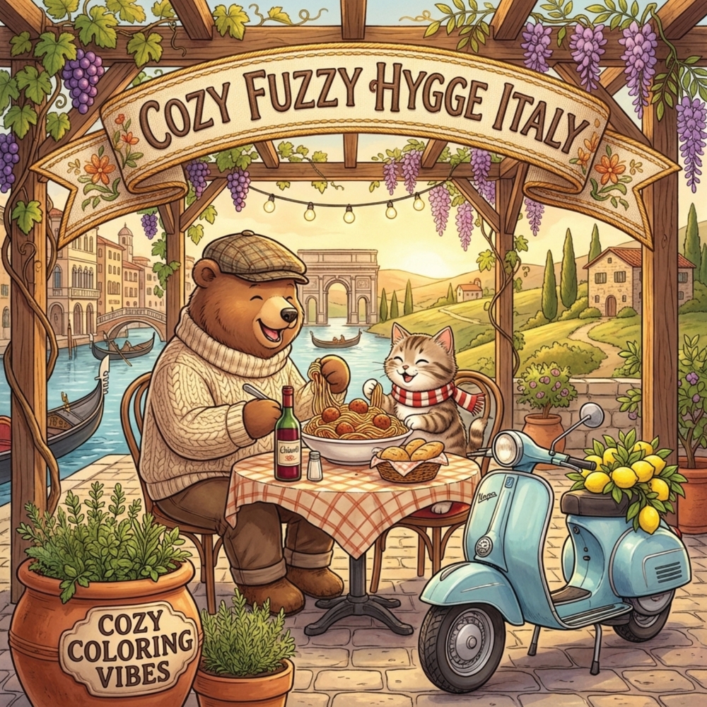 Cozy Fuzzy Hygge Italy: Relaxing Easy Bold Line Design Art Coloring Book Fun Italian Cute Animal Storybook Travel Scenes Creative Screen-Free Wellness cover