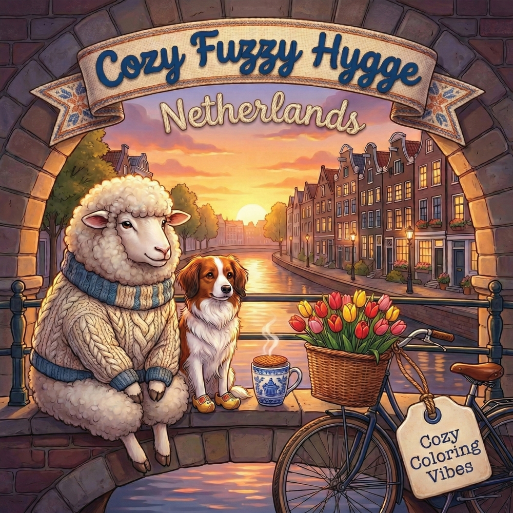 Cozy Fuzzy Hygge Netherlands: Fun Easy Bold Line Design Dutch Coloring Book Peaceful Village Life, Adorable Animal Travel Scenes Creative Screen-Free cover