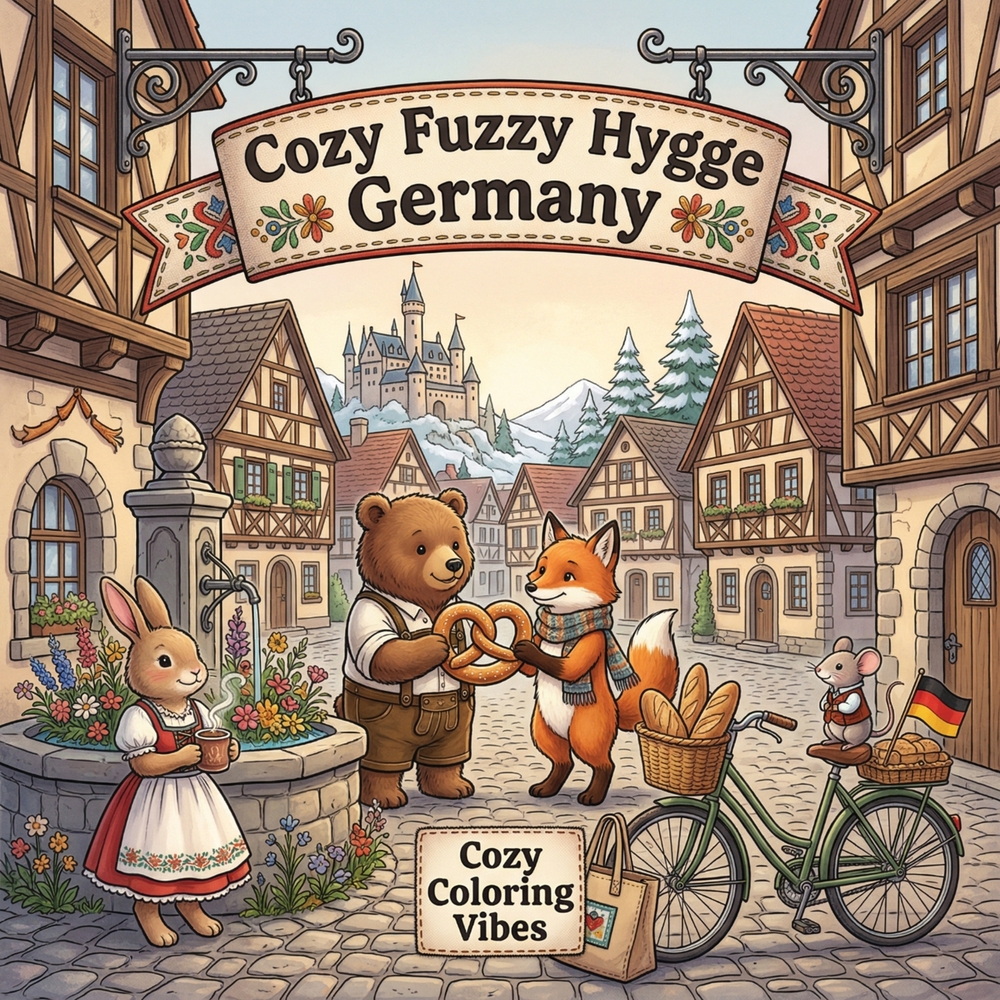 Cozy Fuzzy Hygge Germany: Fun Easy Bold Line Design Art Coloring Book Bavarian Winter Markets, Cute Animal German Travel Storybook Scenes Creative Scr cover