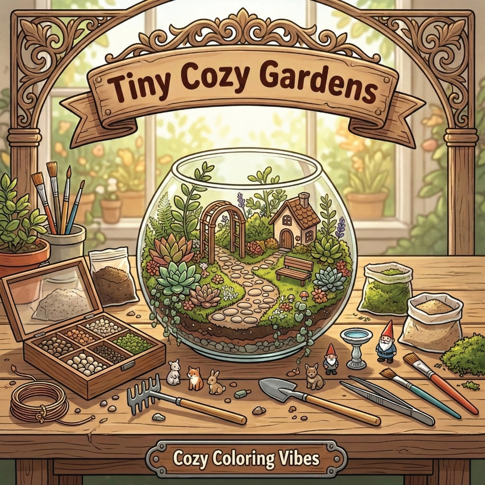 Tiny Cozy Gardens: Easy Bold Line Cute & Comfy Coloring Book Adorable Hygge Aesthetic Mini Gardens & Cottagecore Backyard Nature Scenes Creative Scree cover