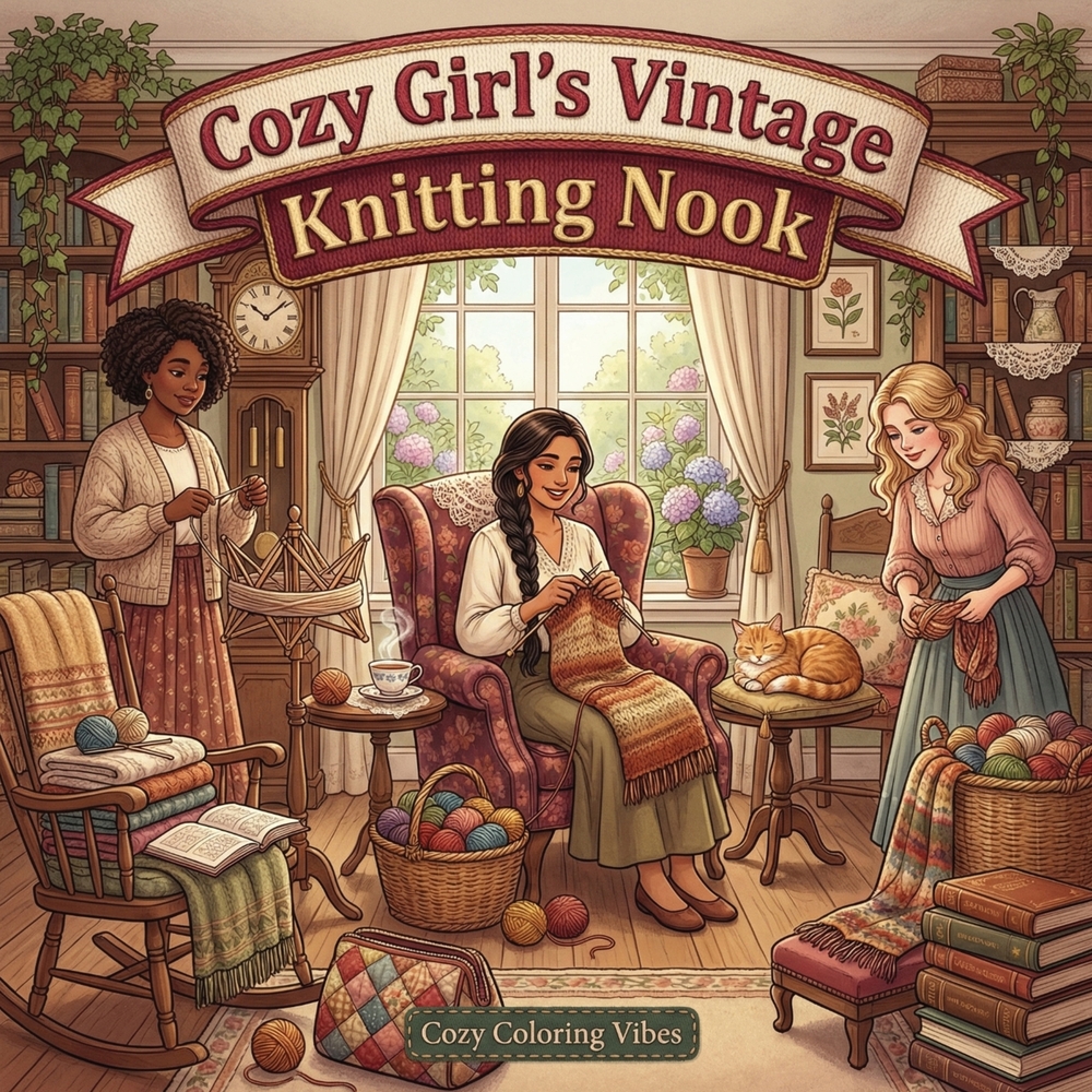 Cozy Girl's Vintage Knitting Nook: Fun Bold Line Adult Coloring Book Aesthetic Hobby Scenes, Relaxing Daily Moments, Peaceful Hygge Stitching Designs cover