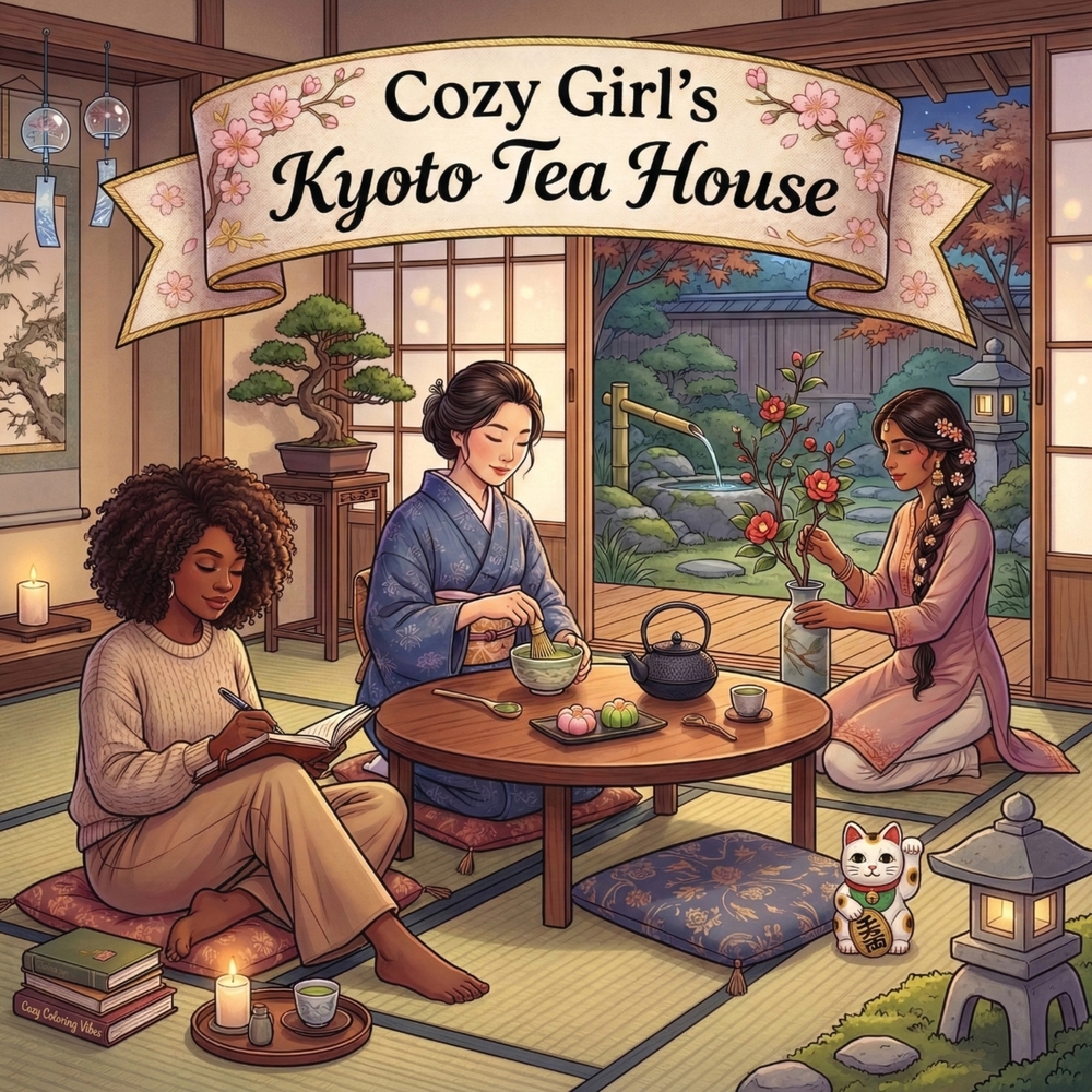 Cozy Girl's Kyoto Tea House: Fun Bold Line Adult Coloring Book Cute Comfy Japanese Zen Designs, Peaceful Daily Homebody Rituals Creative Screen-Free W cover