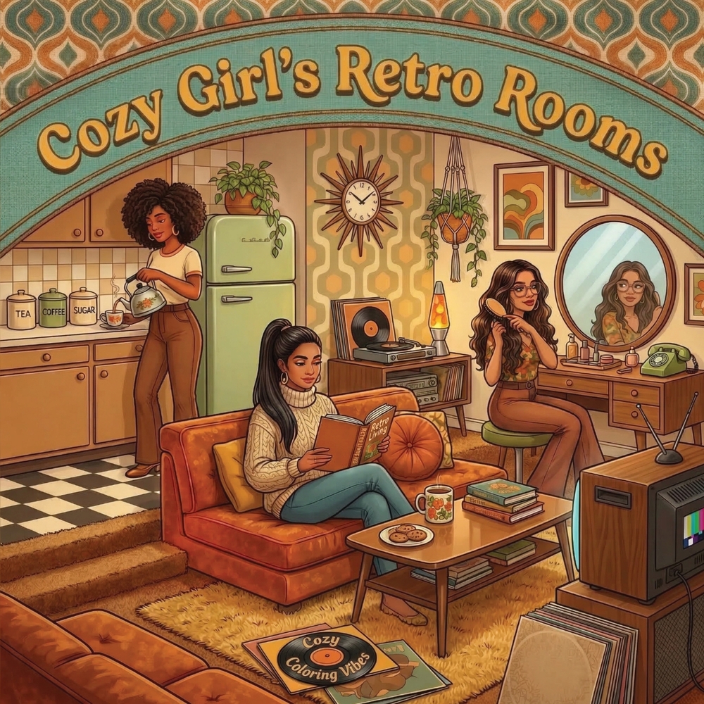 Cozy Girl's Retro Rooms: Fun Bold Line Nostalgic Eras Adult Comfy & Cozy Coloring Book Timeless Vintage Aesthetic Hygge Moments & Cute Calming Lifesty cover