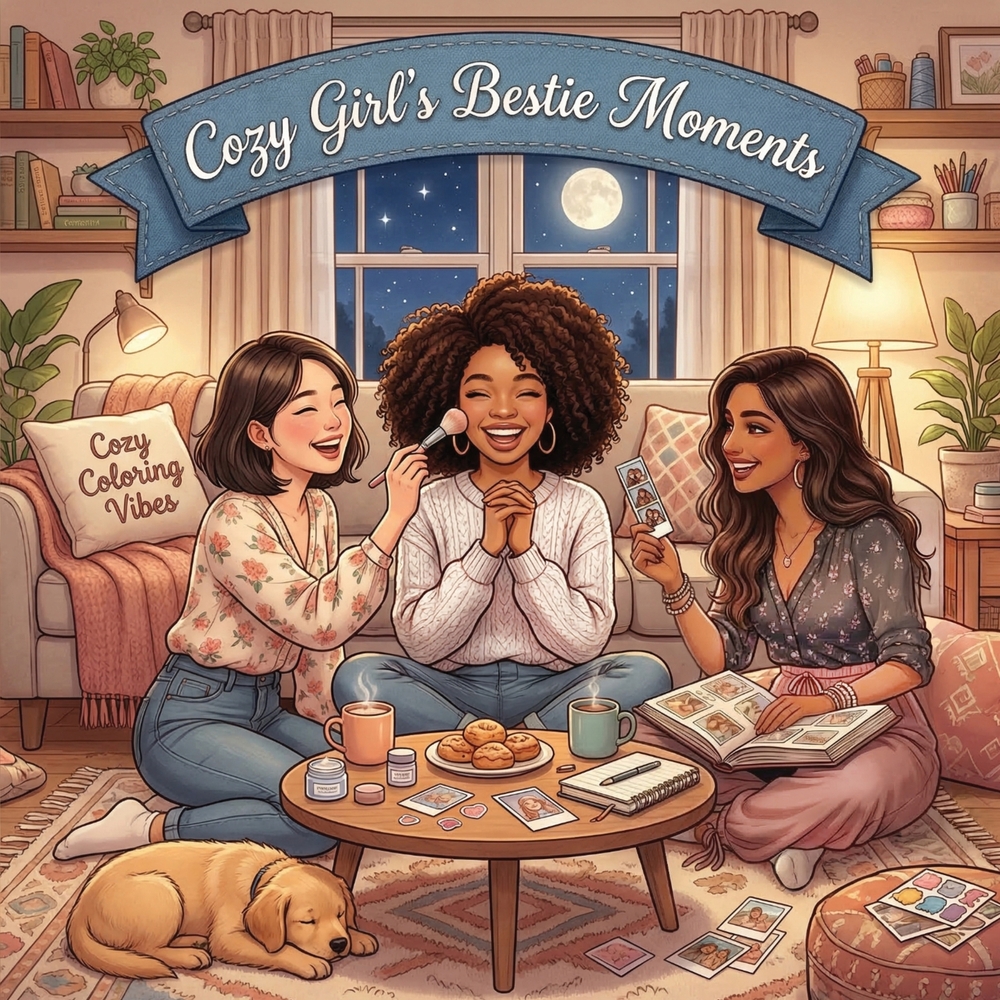 Cozy Girl's Bestie Moments: Fun Bold Line Nostalgic Eras Adult Comfy Coloring Book Timeless Vintage Aesthetic Hygge Moments & Cute Calming Lifestyle S cover