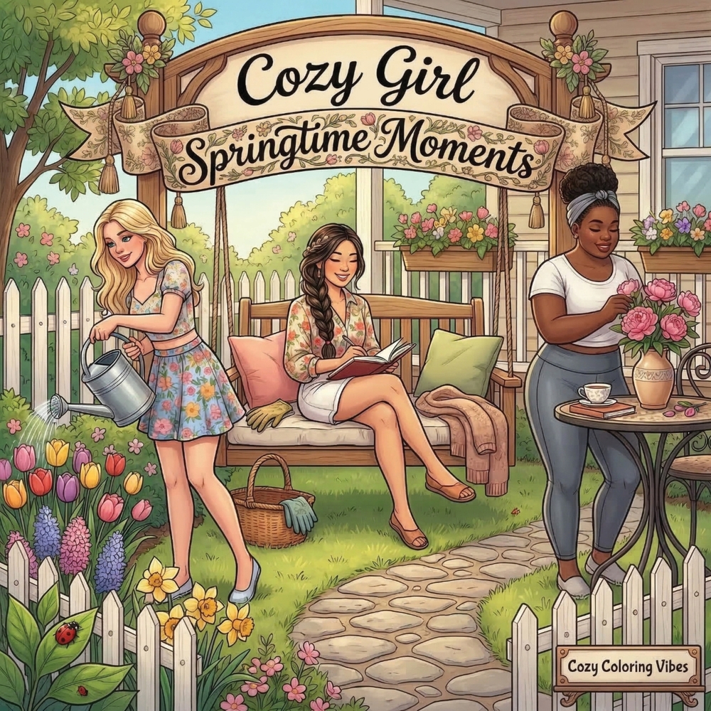 Cozy Girl Springtime Moments: Cute & Fun Relaxing Bold Line Adult Activity Coloring Book Aesthetic Comfy Hygge Scenes, Floral Meadow Walks, Peaceful G cover