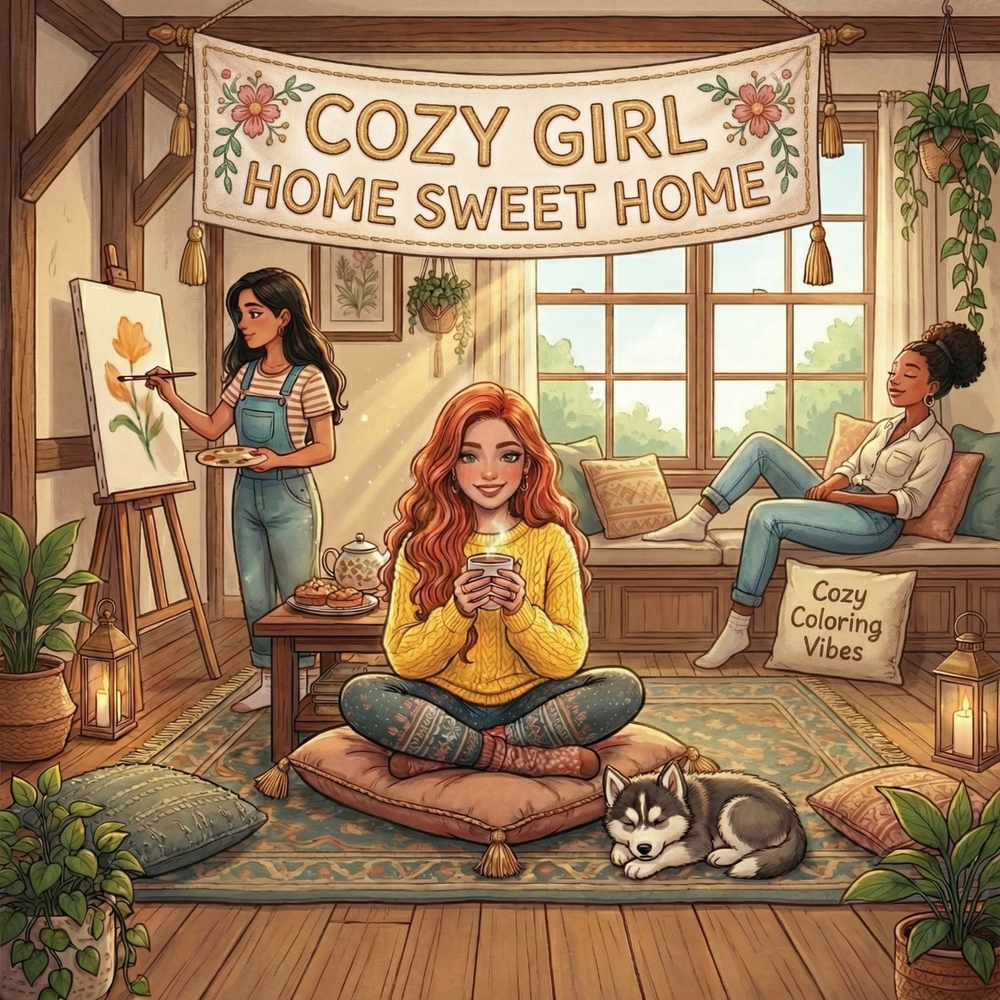 Cozy Girl Home Sweet Home: Cute & Fun Relaxing Adult Activity Coloring Book Aesthetic Comfy Hygge Homebody Scenes, Daily Living, Peaceful Indoor Desig cover