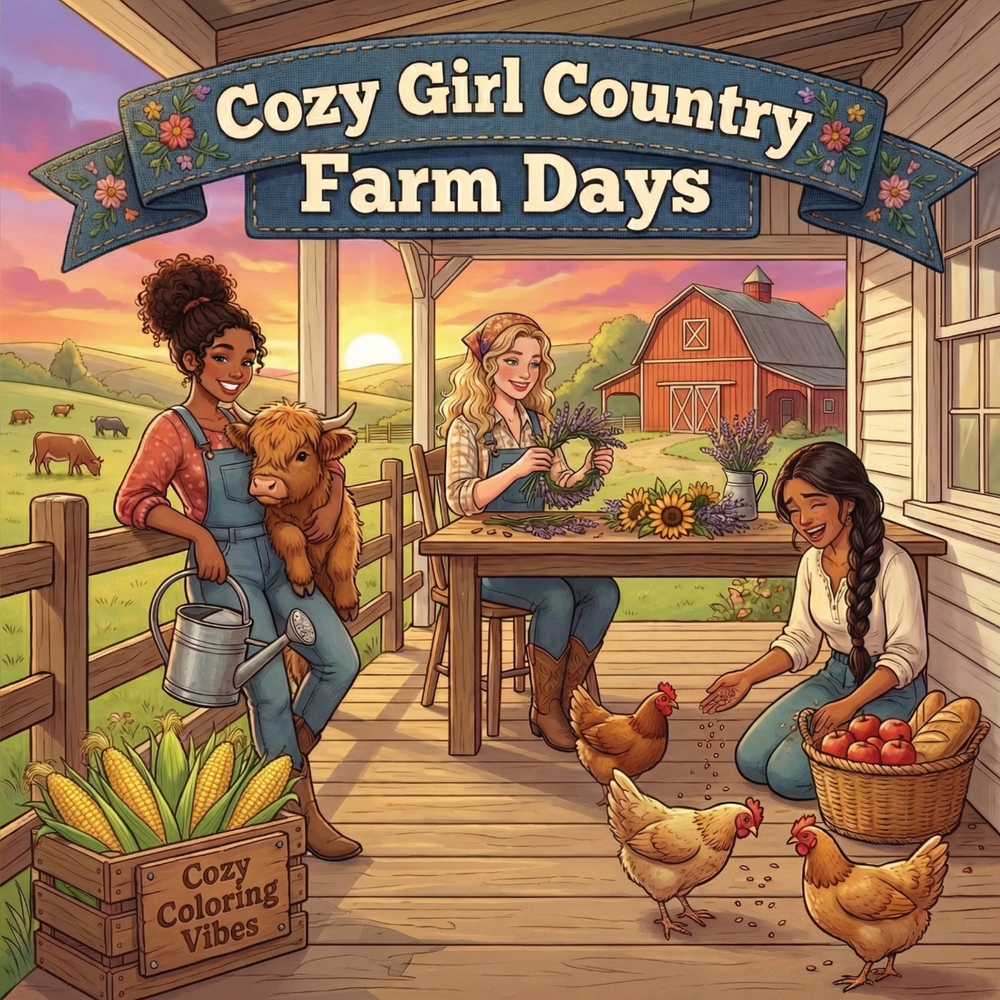 Cozy Girl Country Farm Days: Cute Relaxing Adult Activity Coloring Book Aesthetic Comfy Hygge Fun Homebody, Rustic, Daily Living, & Peaceful Rural Ani cover