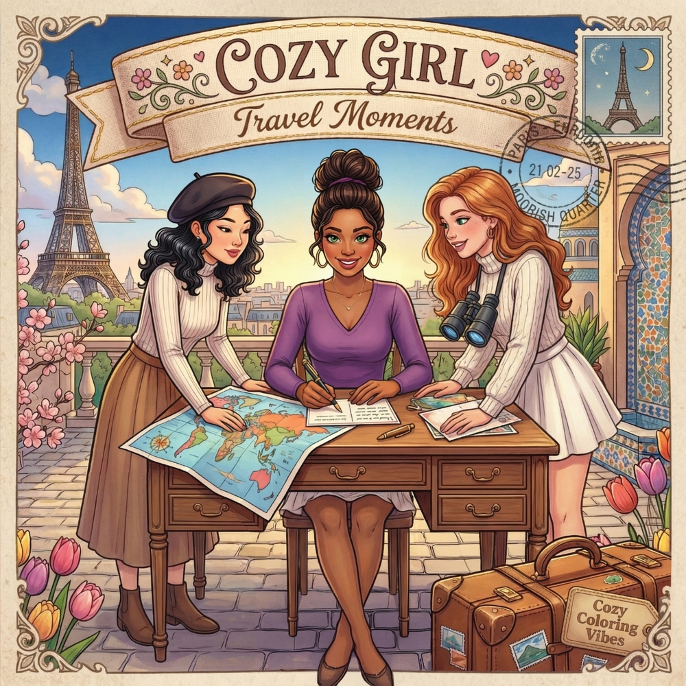 Cozy Girl Travel Moments: Relaxing Adult Activity Coloring Book Aesthetic Comfy Hygge World Destinations, Vintage Souvenir Scenes, Nostalgic Vacation cover