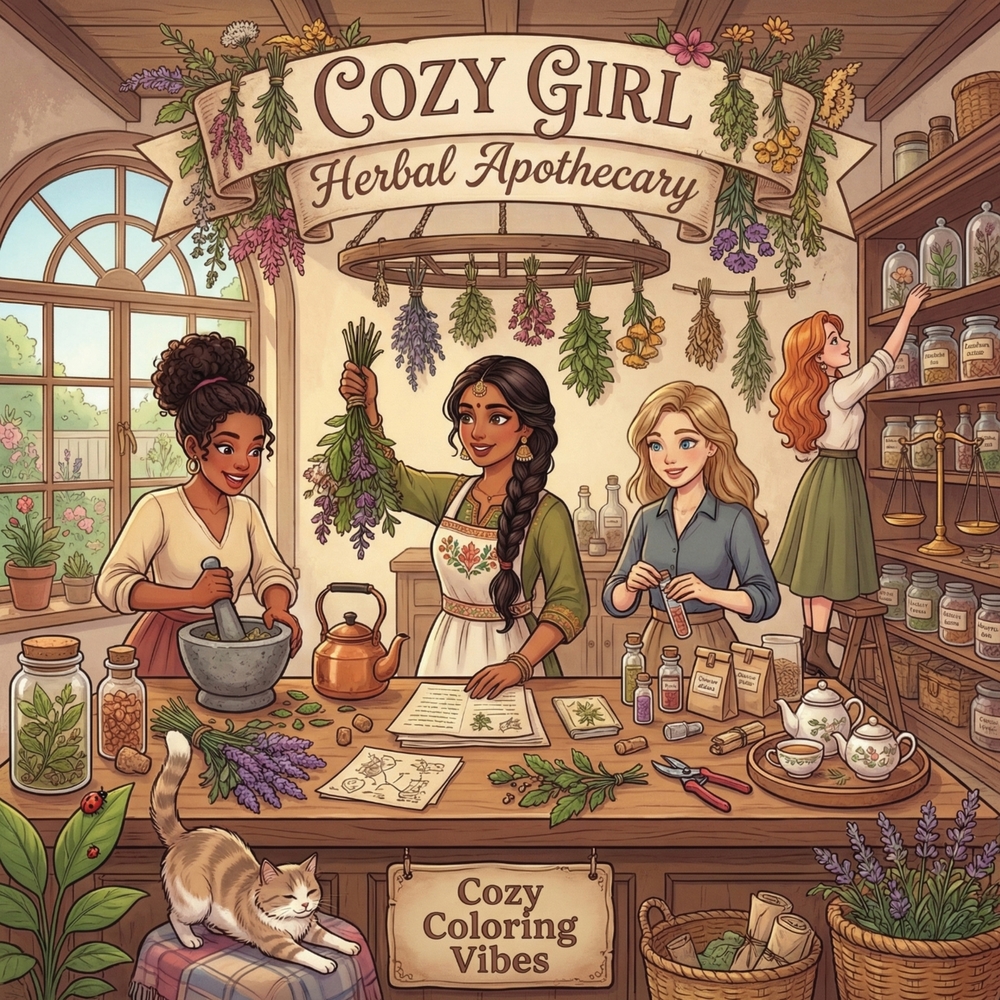 Cozy Girl Herbal Apothecary: Cute Comfy Adult Botanical Wellness Coloring Book Fun Daily Self-Care Ritual Moments & Vintage Home Hygge Herbalist Remed cover
