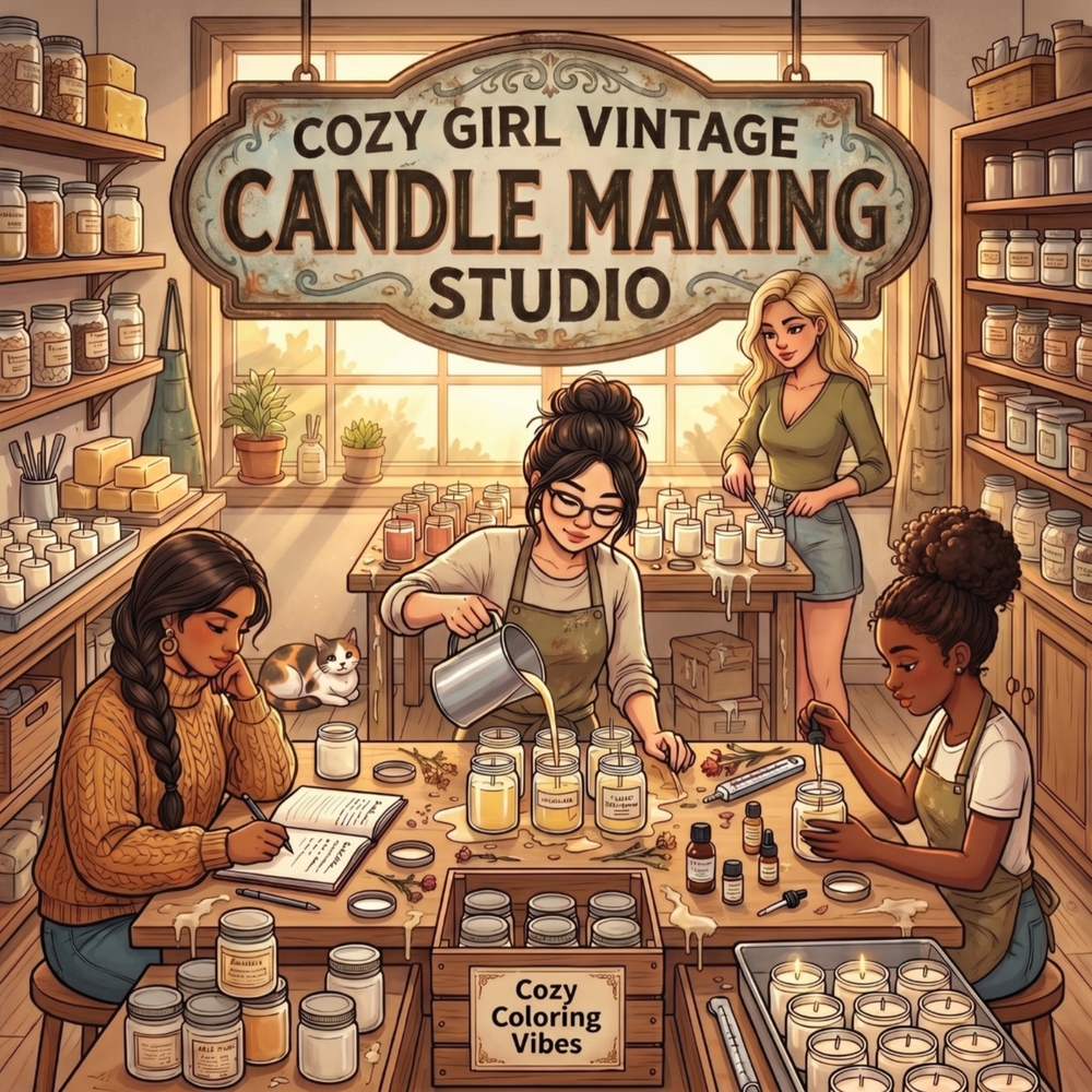 Cozy Girl Vintage Candle Making Studio: Cute Fun Bold Line Craft Adult Coloring Book Aesthetic Hobby Scenes, Relaxing Daily Moments, Peaceful Hygge St cover