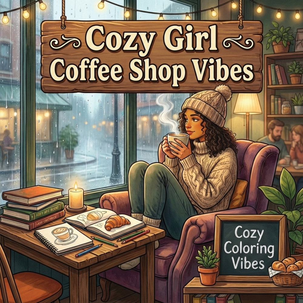 Cozy Girl Coffee Shop Vibes: Easy Bold Line Designs Of Aesthetic Cafes, Latte Art, Pastries, Book Nooks & Rainy Day Window Scenes Mindful Self-Care, S cover