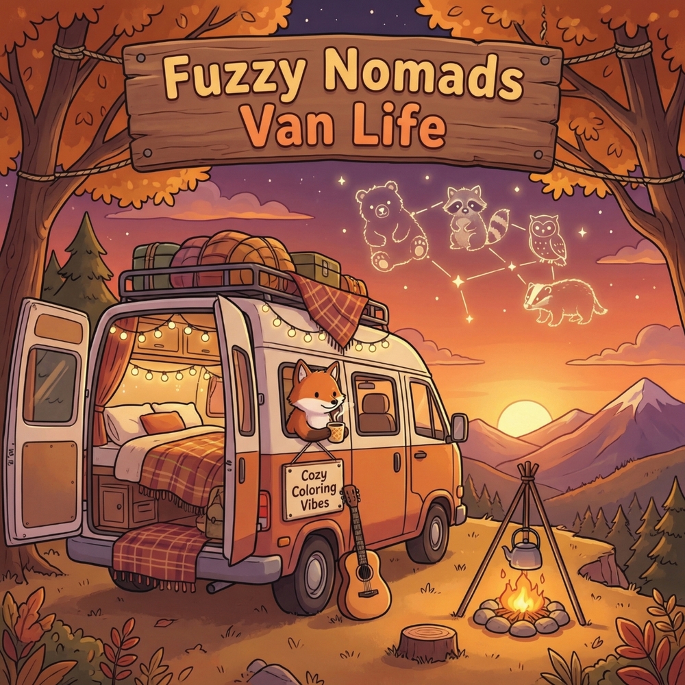 Fuzzy Nomads Van Life: A Cozy Travel Hygge Adult Coloring Book Easy Bold Line Designs of Mobile Living, Scenic Road Trips, Campsites, Outdoor Retreats cover