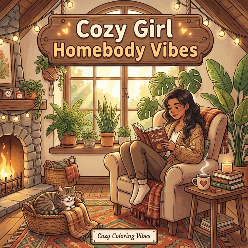 Cozy Girl Homebody Vibes: Cute Coloring Book for Adults & Teens Easy Bold Line Hygge Designs of Relaxing Home Scenes, Quiet Daily Moments & Everyday C cover