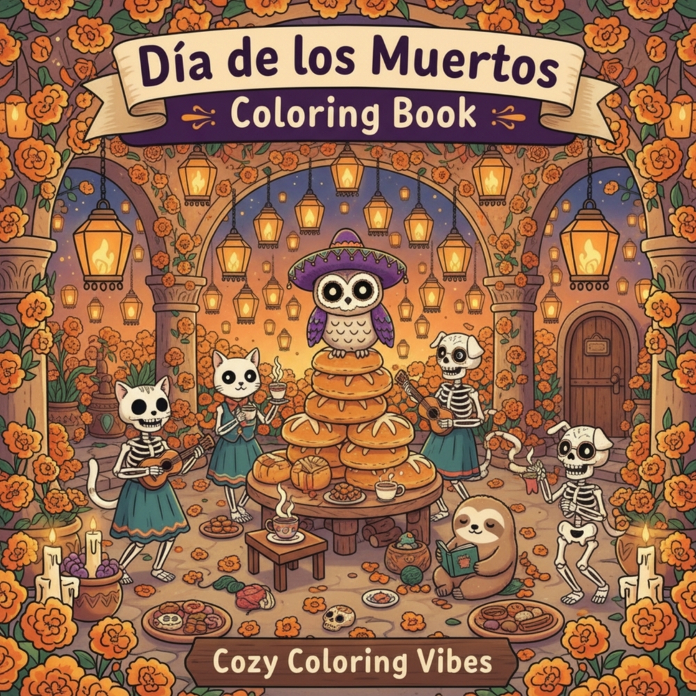 Dia de los Muertos Coloring Book: Cute Day of the Dead Calavera Animals, Adorable Skeletons, Sugar Skulls & Festive Foods Bold Folk Art Designs for Re cover