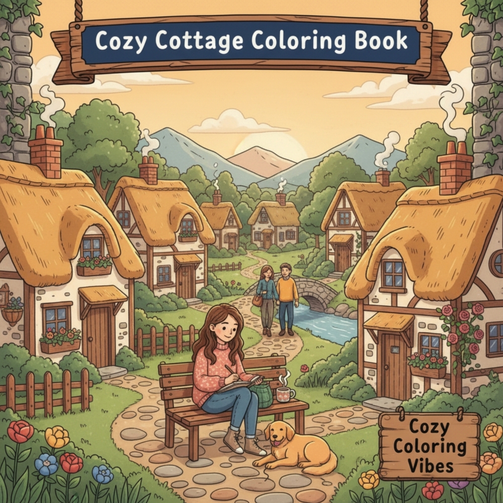 Cozy Cottage Coloring Book: Daily Relaxation Activities & Easy Bold Line Designs for Stress Relief & Mindfulness Cute Country Homes, Village Corners & cover