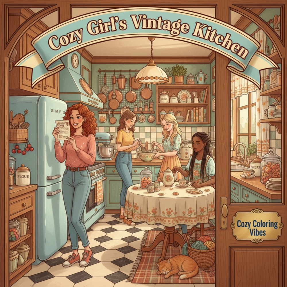 Cozy Girl's Vintage Kitchen: A Nostalgic Recipe & Cooking Coloring Book Fun Easy Bold Lines Vintage Kitchen Scenes & Classic Home Moments Daily Relaxa cover