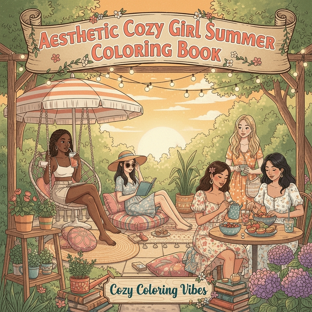 Aesthetic Cozy Girl Summer Coloring Book: Relaxing Hygge Coloring Pages for Adults & Teens Easy Bold Line Designs of Beach Days, Picnics, Journaling, cover