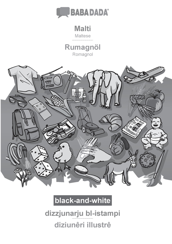 Malti - Rumagnöl, dizzjunarju bl-istampi, BW: BABADADA Maltese - Romagnol, visual dictionary cover