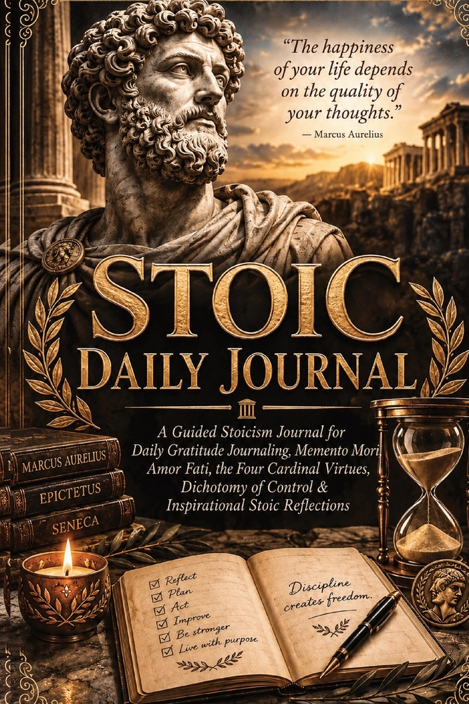 Stoik Daily Journal: A Guided Stoicism Journal for Daily Gratitude Journaling, Memento Mori, Amor Fati, the Four Cardinal Virtues, Dichotomy of Contro cover
